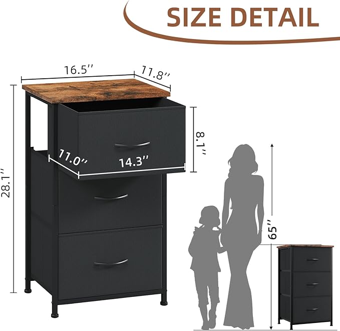 Somdot Dresser for Bedroom with 3 Drawers, Storage Organizer Chest of Drawers with Removable Fabric Bins for Closet Bedside Living Room Laundry Entryway Hallway, Black Rustic Brown