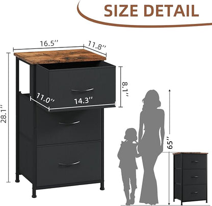 Somdot Dresser for Bedroom with 3 Drawers, Storage Organizer Chest of Drawers with Removable Fabric Bins for Closet Bedside Living Room Laundry Entryway Hallway, Black Rustic Brown