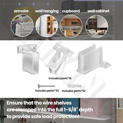 16 Pack Wire Shelf End Bracket, White Plastic Closet Shelves Brackets Closet Shelves Support Plastic Wall Mount Shelf Brackets, w/Screws and Expansion Anchors