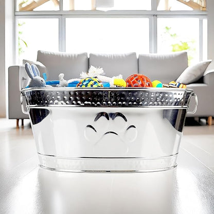 BREKX Metal Indestructible Dog Toy Bin - Steel Dog Toy Basket with Handles, Pet Storage Box, Oval for Blankets, Leashes, & Ropes for Aggressive Chewers - Pawprint Design Home Decor (Silver)