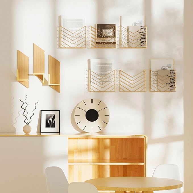 CROISSANT Black Wall Mounted File Organizer,Metal Magazine Basket, Concave Wall Mounted Magazine Rack, Suitable for Hanging File Folders for Office Living Room (Golden, 2 Pack)