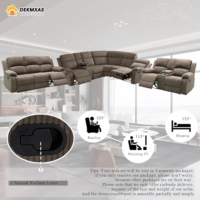Corduroy Sectional Couch, Living Room Furniture Sets, 5PCS Brown Manual Reclining Sectional Sofa Set with Sofa Loveseat with 5 Recliner Seats, Drop-Down Table, Cup Holders, Storage Console