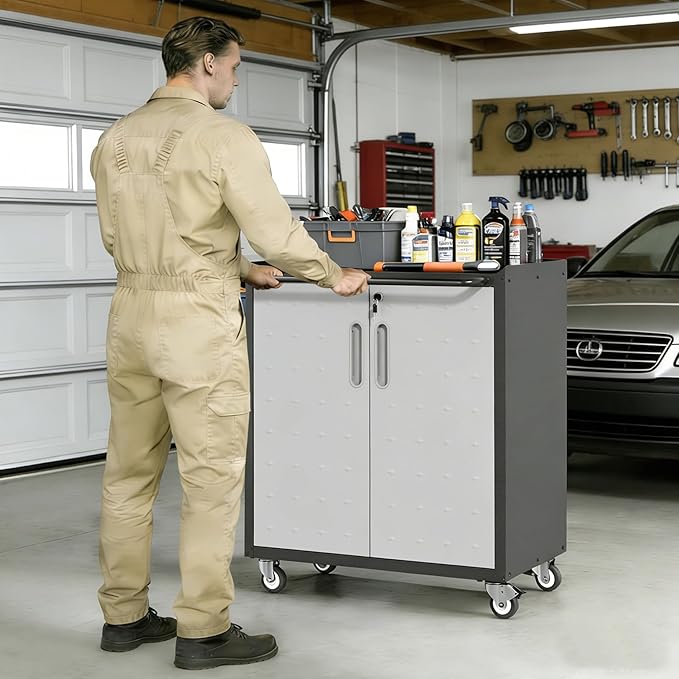 Metal Garage Storage Cabinet on Wheels, Lockable Rolling Tool Cabinet with Doors and Shelves, Heavy Duty Mobile Steel Cabinet for Garage Warehouse Workshop