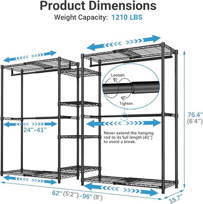 VIPEK X3 Expandable Heavy Duty Clothes Rack Adjustable from 5'2" to 8' with Adjustable Shelves and Hanger Rods, Large Freestanding Clothing Racks Reach-in & Walk-in Closet, Max Load 1210LBS, Black