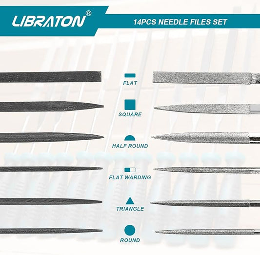 Libraton Needle File Set, Diamond Needle File Set, 14PCS Small File Set, 6 Diamond Files & 6 Carbon Steel Files with Wire Cutter, Steel Brush, Carry Bag, Jeweler File Tools for Soft Metal,Wood,Model
