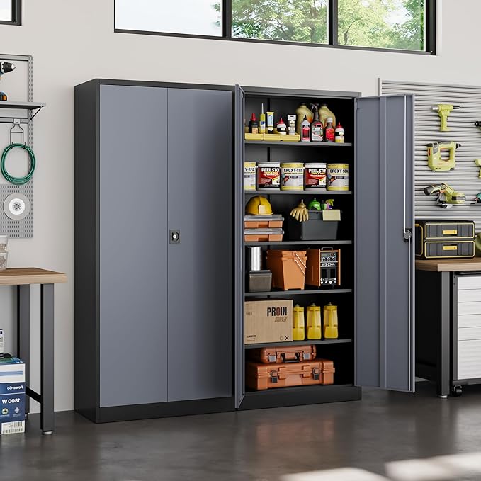 Yizosh Metal Garage Storage Cabinet with Lock, 71" Locking Tool Cabinet with 2 Doors and 5 Shelves, Tall Steel Cabinet for Garage, Heavy Duty File Cabinet for Office, School (Black Gray)
