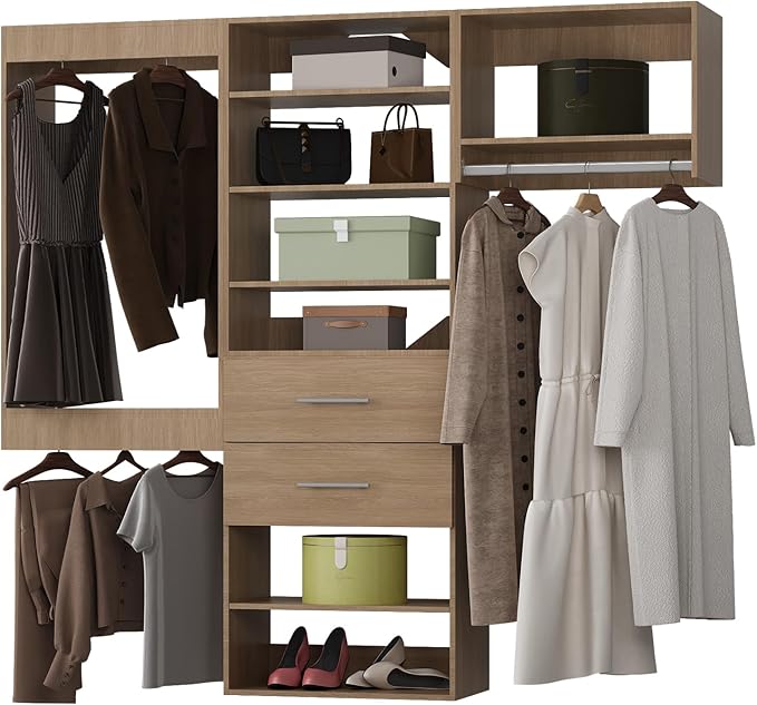 ROOMTEC Modular Closet System, 90" Wall Mounted Modern Closet Organizer with Hanging Rods and Drawers, Wooden Tower for Walk-In Closets, Wardrobe Storage Kit, Wood
