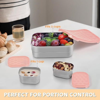 Small Stainless Steel Lunch Containers for Kids | Leak Proof Snack Containers with Silicone Lids - Perfect Metal Lunch Box with Lids for School and Daycare (25oz+8oz*2)