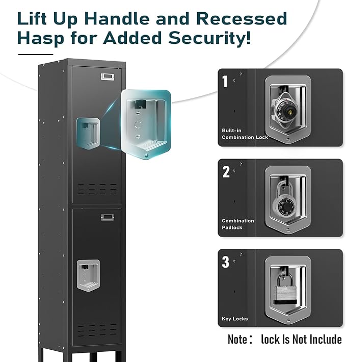 Metal Storage Locker with Lock & Card Slot Locker - Secure Lockable Door - Steel Locker for School, Office, Gym, Home - 66.15" H x 11.8" W x 11.8" D（2 Door, Black）