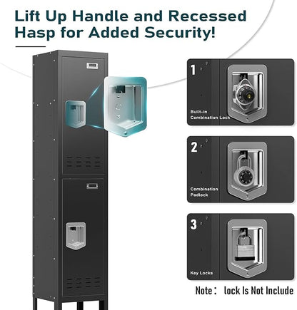 Metal Storage Locker with Lock & Card Slot Locker - Secure Lockable Door - Steel Locker for School, Office, Gym, Home - 66.15" H x 11.8" W x 11.8" D（2 Door, Black）