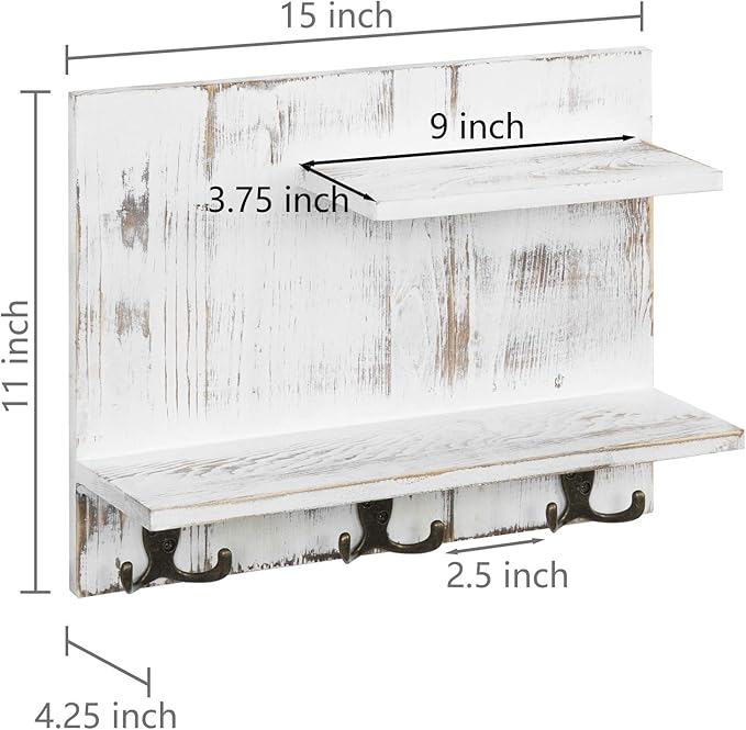 MyGift 2 Tier Wall Mounted Shabby White Washed Solid Wood Bathroom Storage Shelves, Decorative Entryway Floating Shelf Rack with 6 Hooks for Hanging Towels