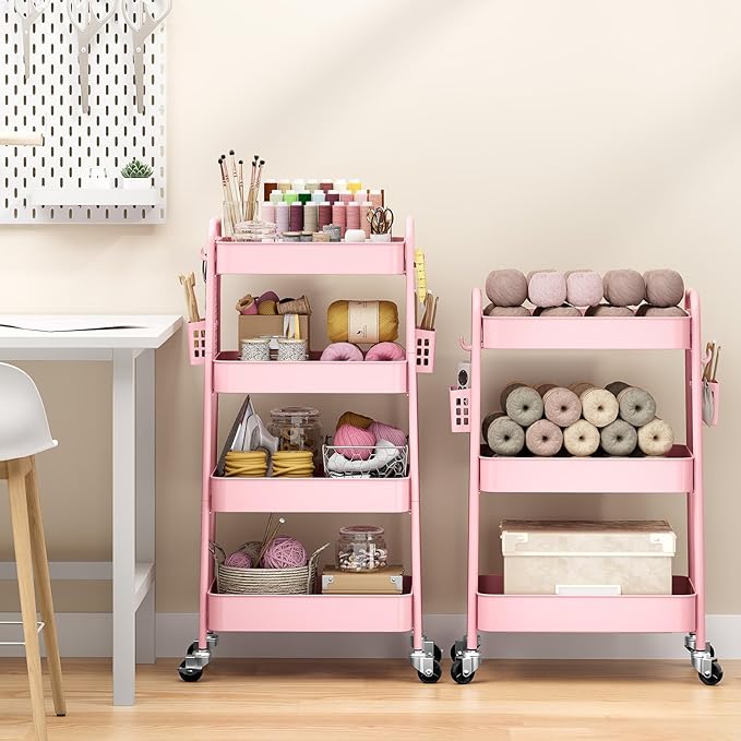 TOOLF 4 Tier Rolling Cart with Pegboard, Metal Storage Organizer Cart with Wheels, Hooks & Bins Esthetician Craft Art Sturdy Storage for Bathroom, Kitchen, Office, Nursery Diaper