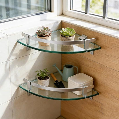 Bathroom Shelves, Glass Shelf Wall Mounted Glass Corner Shower Shelf with Aluminum Rail for Bathroom (2 Packs)
