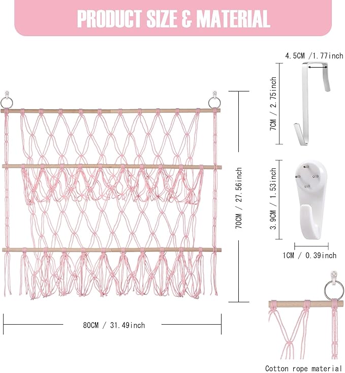 Stuffed Animal Net or Hammock Large Corner Storage for Plushies Stuffed Animals Zoo Wall Hanging Organizer Holder for Net Hammock, Space-Saving Nursery Decor (Pink)