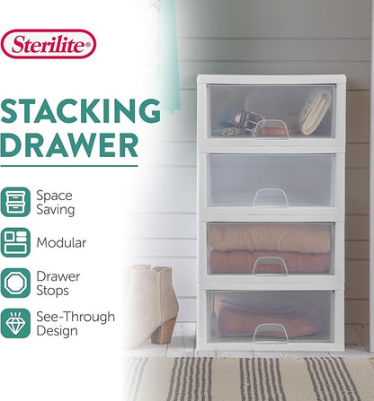 Sterilite 12-Pack 16 Quart Stacking Drawer, Clear Storage Closet Organizer, White Frame - Stackable Modular Plastic Drawers for Clothes, Accessories, Craft Supplies, Shoes or Linens