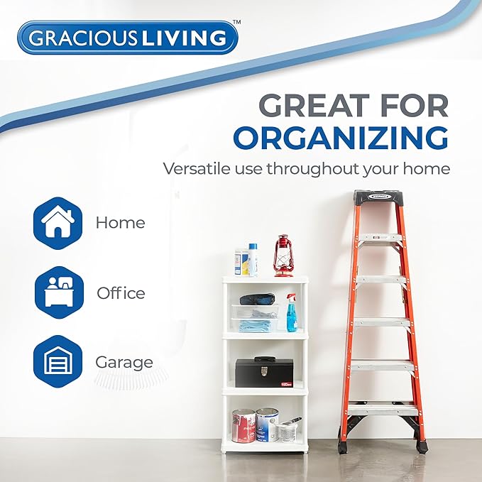 Gracious Living 4 Shelf Fixed Height Solid Light Duty Storage Unit 12 x 24 x 48" Organizer System for Home, Garage, Basement, & Laundry, White