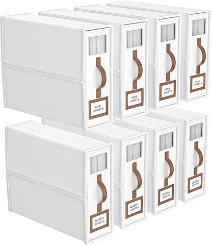 8 Pack Foldable Bed Sheets Set Organizers and Storage(King & Queen Size),Linen Fabric Closet Organizers with Window,Folding Bedding Storage Box for Bedsheets and Pillow Cube Organizer-White