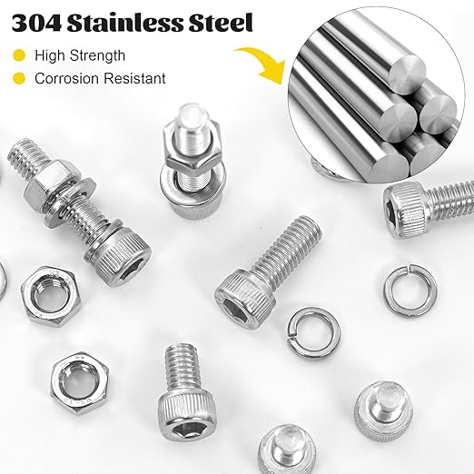 1260pcs M2 Screw Assortment kit, M2*4mm/6mm/8mm/10mm/12mm/16mm/20mm 304 Stainless Steel Hex Socket Head Cap Screw Bolts Nuts Flat & Lock Washer Set