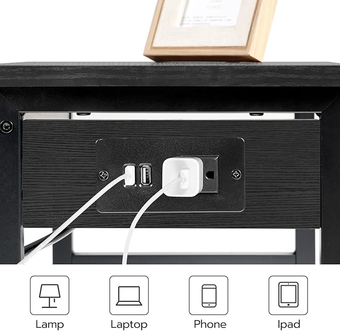 HOOBRO Printer Stand for Desk, Desktop Printer Stand with Charging Station, Small Printer Table with Storage Hook, Under Desk Printer Cart, File Rack for Home Office, Black BB01UPS01