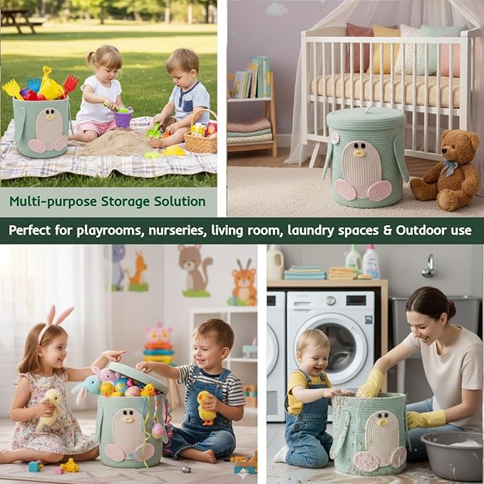 Kids Laundry Hamper with lid & Toy Storage Organizer | Large Penguin Woven Cotton Rope Bin for Stuffed Plushies | Cute Animal Design Basket with Cutout Handles for Nursery, Playroom & more (Penguin)