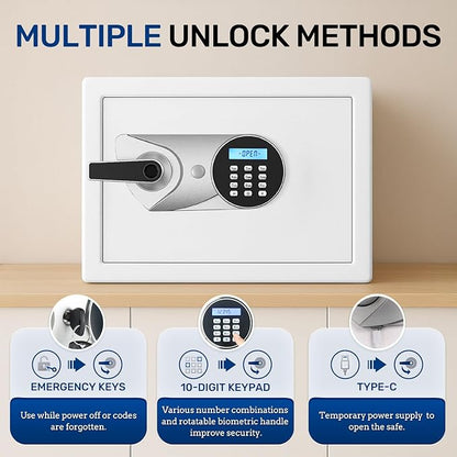 BlackSmith Biometric Safe 1.0 Cub Digital Home Security Safe with LCD Display Dual Alarm System Mute Mode Quick Access Fingerprint Recognition Lock Box for Money Jewelry, White