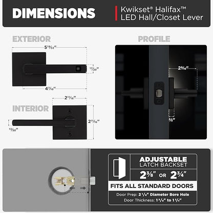 Kwikset Halifax LED Motion Activated Light Up Passage Door Lever for Closet and Hallway Doors, Reversible Non-Locking Handle Lever, Matte Black, with Microban Protection