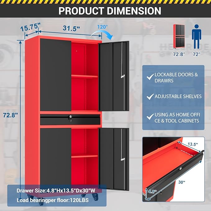 73" Metal Cabinet-Black & Red Heavy Duty Rolling Storage Cabinet Steel Tool Cabinets with Wheels, Shelves, Lockable Doors and Drawers- for Garage, Warehouse Home Office- Assembly Required