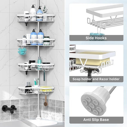 Shower Caddy Tension Pole Corner - Stainless Steel Bathroom Organizer White Tension Rod Shower Shelves for Tub(22-114.2inch), Renter Friendly