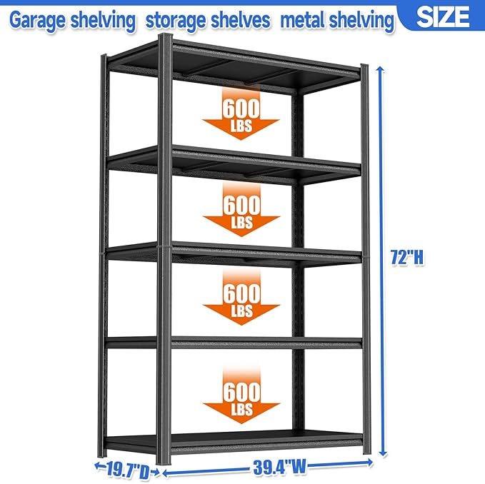 78"H Garage Shelving 3000LBS Storage Shelves Heavy Duty Metal Shelving Unit 5 Tier Adjustable Storage Rack and Shelving for Basement, Warehouse, Pantry, Closet, Kitchen 39.4" W × 15.7" D × 78" H