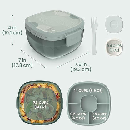 Bentgo Glass Prints Salad Container - 7.6-Cup Tinted Glass Salad Bowl with Airtight Lid, Leak-Proof Sauce Container, 4-Compartment Bento Meal Prep Tray & Reusable Fork (Mod Curve - Serene Green)