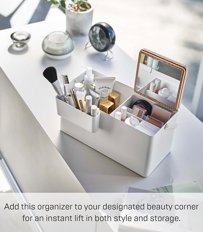 YAMAZAKI Home Tower Large Makeup Organizer Cosmetic Caddy With Handle Vanity Storage Drawer With Lid - Steel + Wood