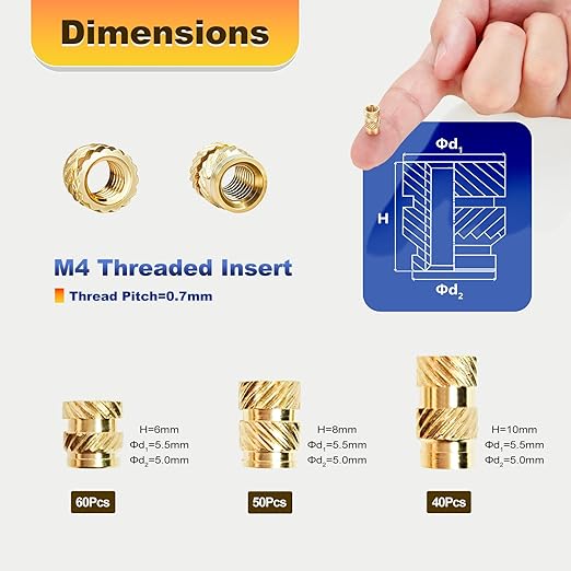 150 Pcs M4 Threaded Inserts for Plastic with Heat Set Tip,M4*(6mm-10mm Hight)*5.5mm Heat Set Inserts Kit,Brass Inserts for 3D Pringting