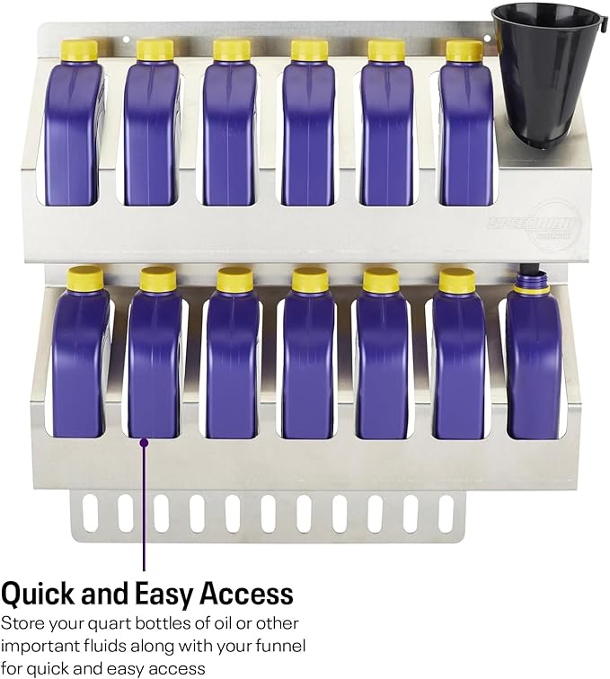 Speedway Motors 12 Quart Oil Storage Shelf Aluminum Rack for Garage or Trailer Holds Quart Bottles and Funnel Lightweight Mount Anywhere Shop Organization