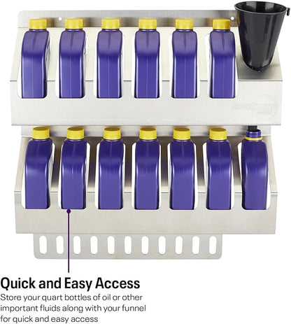 Speedway Motors 12 Quart Oil Storage Shelf Aluminum Rack for Garage or Trailer Holds Quart Bottles and Funnel Lightweight Mount Anywhere Shop Organization