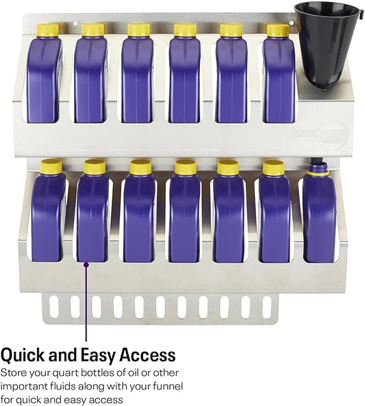 Speedway Motors 12 Quart Oil Storage Shelf Aluminum Rack for Garage or Trailer Holds Quart Bottles and Funnel Lightweight Mount Anywhere Shop Organization