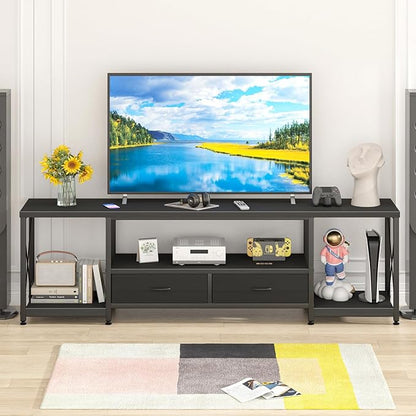 GYIIYUO TV Stand with Fabric Drawers for 75 80 Inches TV - Entertainment Center and Industrial TV Console Table with Open Storage Shelves for Living Room, Bedroom- 71.5" Black