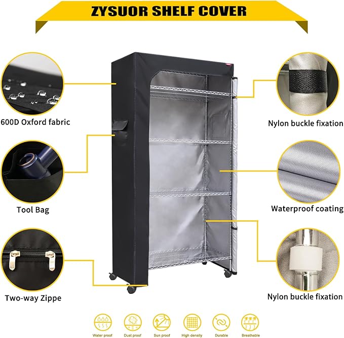 Shelving Cover Storage Shelf Wire Rack Cover 60X24X72 The Two-Way Zipper Design can be Opened up, Down, or All for Easy Access (No Shelves,Black)