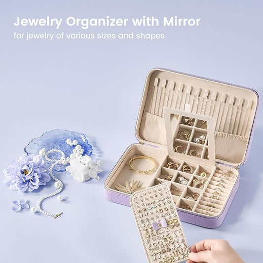 Lolalet Travel Jewelry Case for Women Girls, Travel Jewelry Organizer Box with Mirror & Clear Storage Bag, Small Portable Earring Necklace Bracelet Ring Case, Birthday Valentine Gifts -Large, Purple