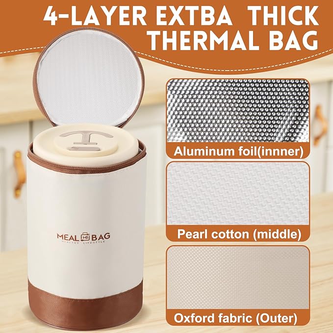 Dandat 3 Pcs Portable Insulated Lunch Container Set for Adult, Stackable Stainless Steel Bento Box for Hot Food with Insulated Lunch Bag Unisex 3 Separate Thermal Food Container(Beige)