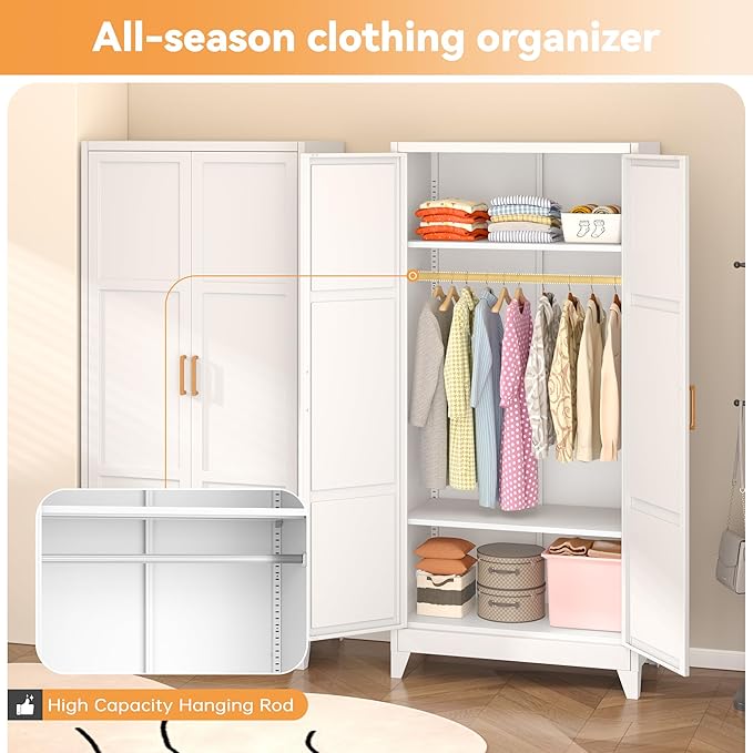 INTERGREAT 71” H Metal Wardrobe Cabinets with 2 Doors, Large Clothing Storage Cabinets with Hanging Rod and Adjustable Shelves, Closet for Home Living/Laundry Room(White)