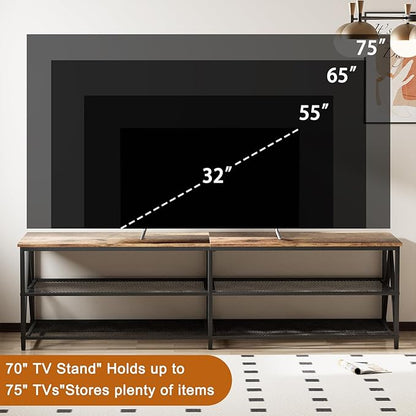 TV Stand for TVs up to 75 Inch, 70" Long Industrial TV Console Table with 3-Tier Storage Shelves, Entertainment Center for Living Room, Bedroom (Brown)