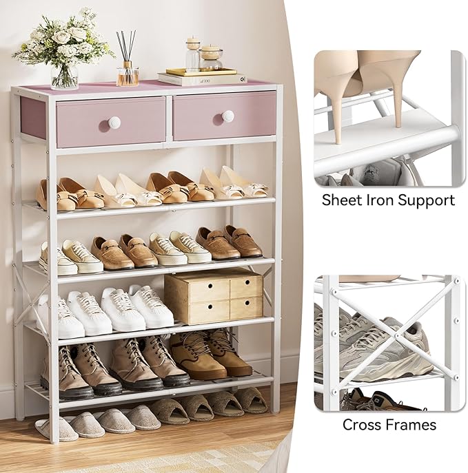 Shoe Rack for Entryway, 5 Tier Shoe Organizer with 2 Non-Woven Drawers, Metal Storage Shoe Shelf for 16-20 Pairs of Shoes, with Wooden Top and Steel Frame, Shoe Stand for Closet Pink
