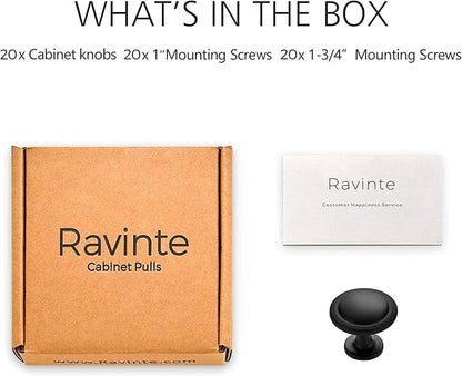 Ravinte 20 Pack 1-1/4 Inch Kitchen Cabinet Knobs Matte Black Zinc Pulls Door Handles for Dresser Drawers