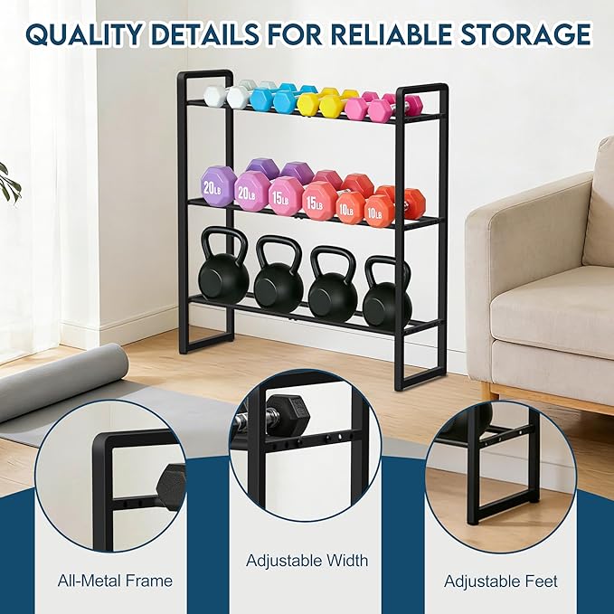 LOFTEY 3 Tier Adjustable Dumbbell Rack, 330 lbs Capacity Metal Weight Storage Rack, Space-Saving Home Gym Storage for Kettlebell & Free Weights, Dumbbell Stand Only