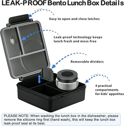Bento Lunch Box Set for Kids with 8oz Soup Thermo, Leak-Proof Lunch Containers with 4 Compartment, Kids Thermo Hot Food Jar and Insulated Lunch Bag for Kid to School-Black