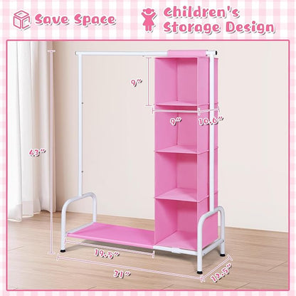 Univivi Kids Clothing Rack with Hanging Organizer, Short Toddler Dress Up Storage Rack for Hanging Clothes, Kids Wardrobe Closet for Baby Clothes, Dance Costumes, Pink/White