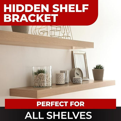 Set of 4 Floating Shelf Brackets Heavy Duty (1/4 inch Thick Baseplate) Painted Black Mild Steel/ Bracket for Hidden Wall Shelves Support Hardware Mount Kitchen/Nursery Decor (12 inch Rods)