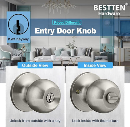 BESTTEN 4 Pack Door Knob with Lock and Key, Keyed Different Entry Door Knob, for Entrance and Front Door, Satin Nickel