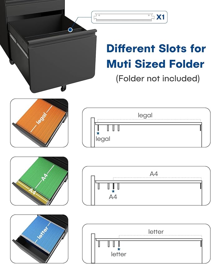 Dripex 3 Drawer File Cabinet, Metal Filing Cabinets with Lock Wheels for Letter/Legal/A4 File, Anti-tilt Under Desk Design, Lockable Rolling Mobile File Cabinet for Home Office (Black)