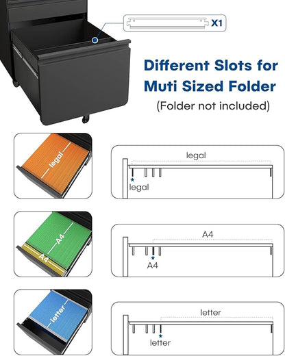 Dripex 3 Drawer File Cabinet, Metal Filing Cabinets with Lock Wheels for Letter/Legal/A4 File, Anti-tilt Under Desk Design, Lockable Rolling Mobile File Cabinet for Home Office (Black)